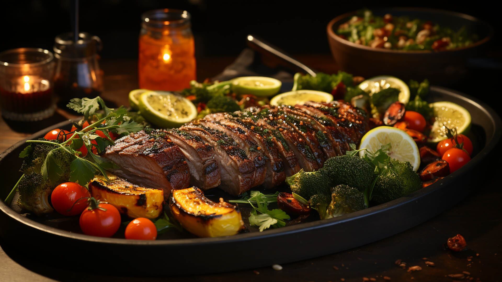 comidas preparadas verduras crujientes, salsa picante, carne asada y lentejas - visualesIA