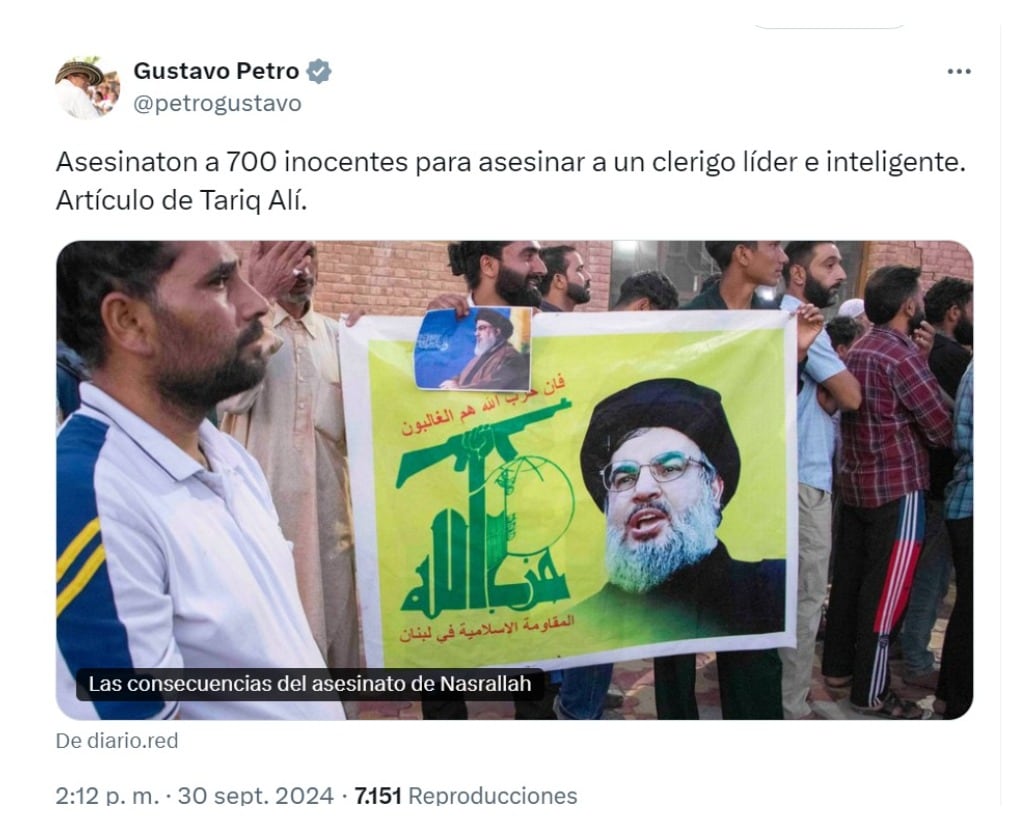 Gustavo Petro lamentó la caída de Hasan Nasrallah, cabecilla de Hezbolá