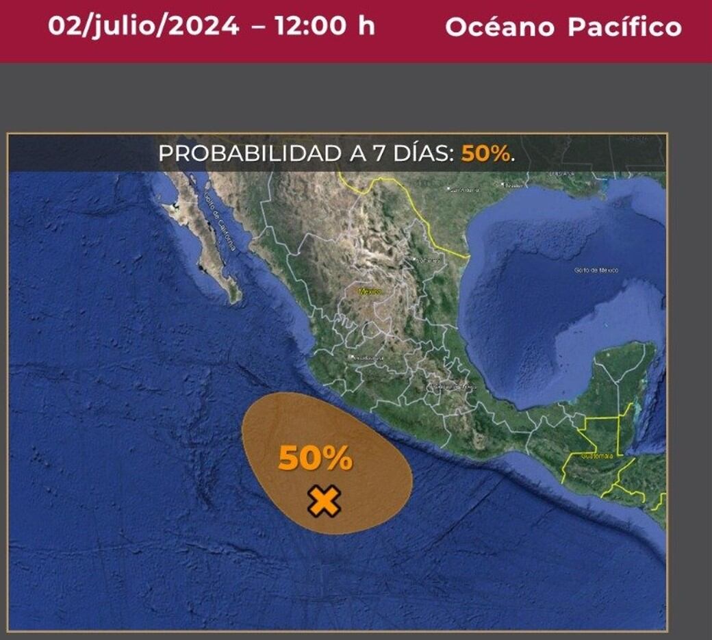 Ubicación de una zona de baja presión en el Océano Pacífico que podría convertirse en el ciclón tropical Aletta en próximos días