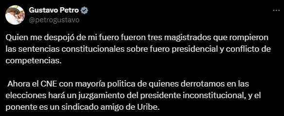 El jefe de Estado volvió a atacar al CNE por retirarle el fuero presidencial - crédito @petrogustavo/X