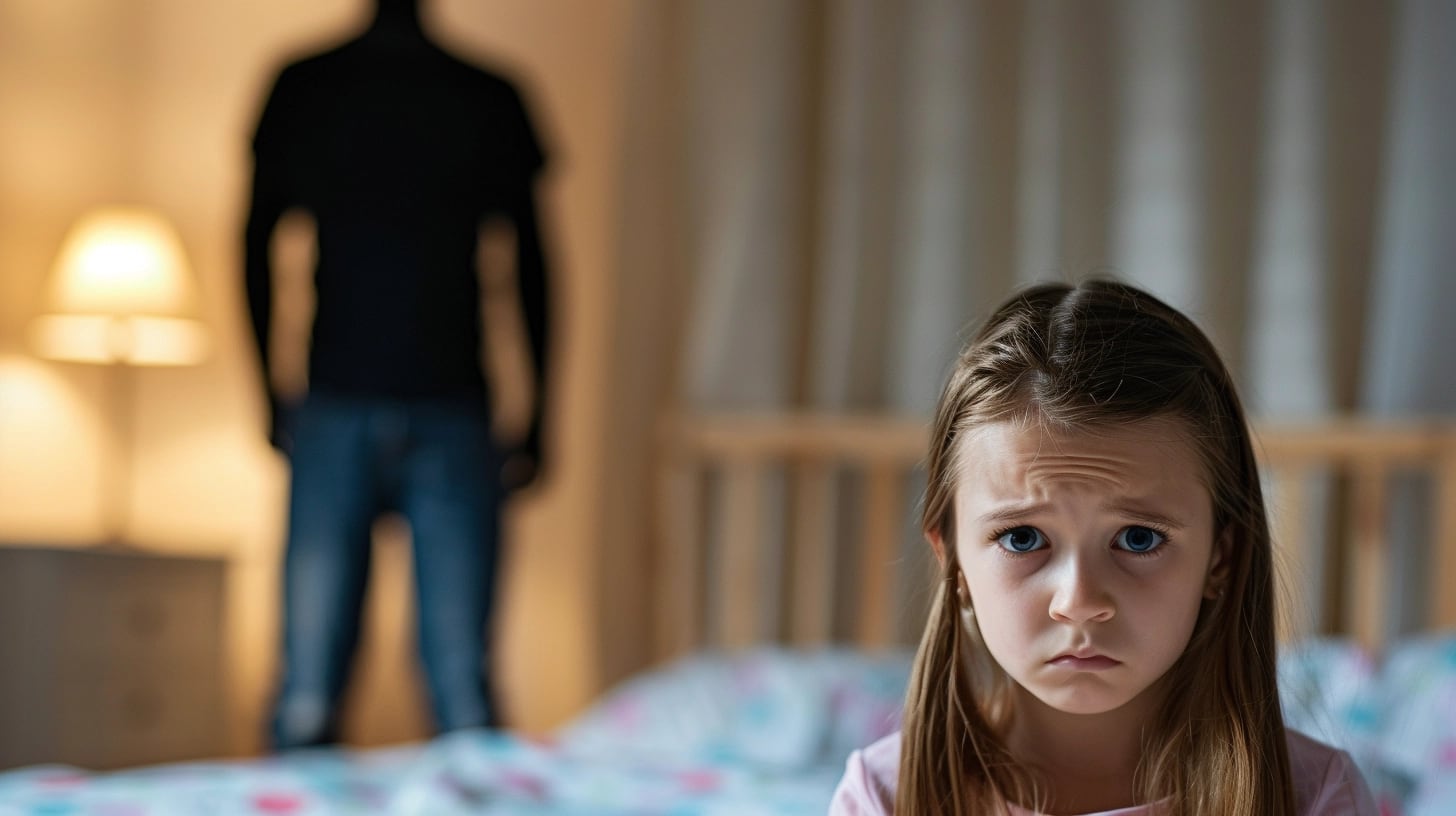 Una silueta oscura de hombre mirando a una niña triste en una cama representa el abuso infantil, maltrato y violencia doméstica. La prevención y el cuidado son fundamentales para proteger a los niños." (Imagen ilustrativa Infobae)