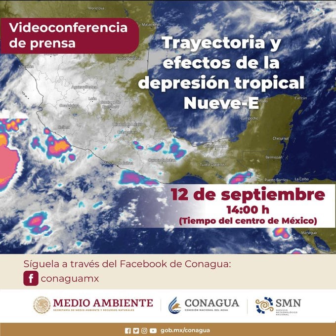 Conagua invita a conferencia de prensa por la Depresión Tropical Nueve-E