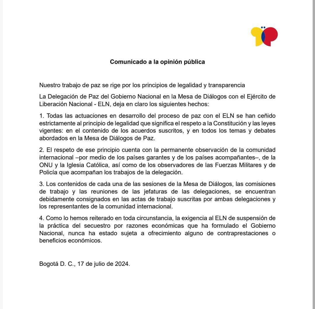 La delegación oficial declaró que todas las decisiones están ajustadas a la Constitución y han contado con la revisión de los países garantes - crédito @DelegacionGob/X