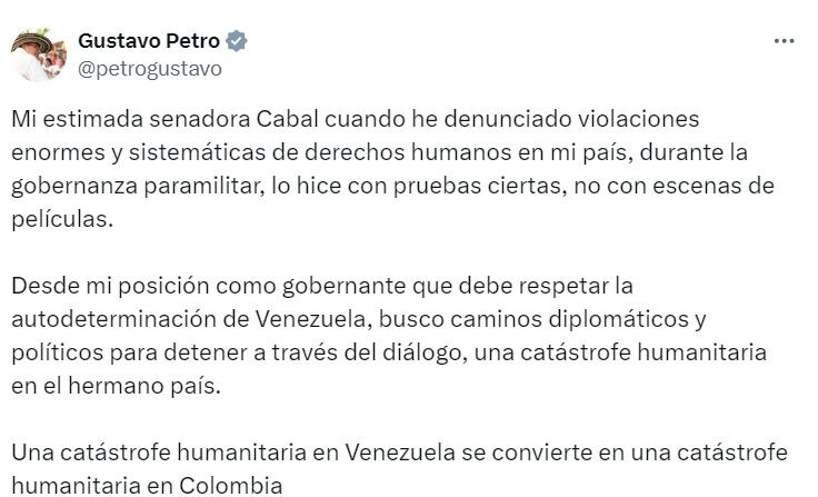 Esta fue la respuesta de Gustavo Petro ante las acusaciones de María Fernanda Cabal - captura de pantalla X