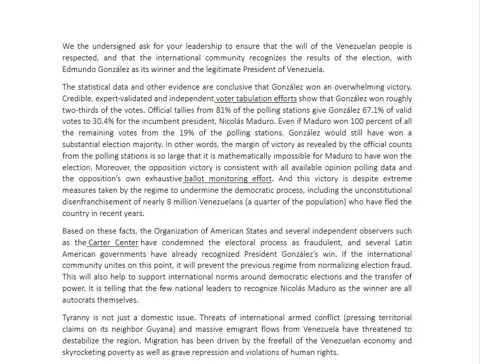 Esta fue la carta abierta firmada por líderes internacionales en contra de Nicolás Maduro como ganador de las elecciones de Venezuela - crédito redes sociales/X