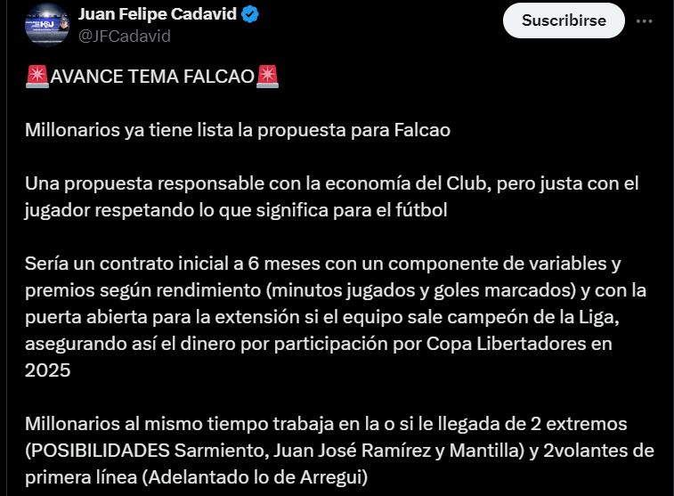 Juan Felipe Cadavid confirmó que Millonarios se presentó una oferta formal a Falcao García - crédito @JFCadavid/X