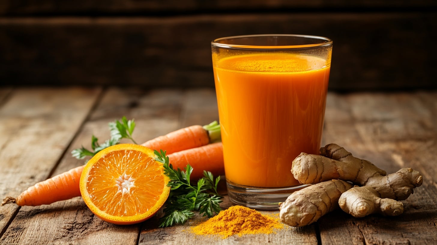 Jugo de naranja, zanahoria, jengibre y cúrcuma, bebida saludable y energética, rica en antioxidantes y vitaminas, perfecta para un boost de inmunidad y bienestar - (Imagen Ilustrativa Infobae)