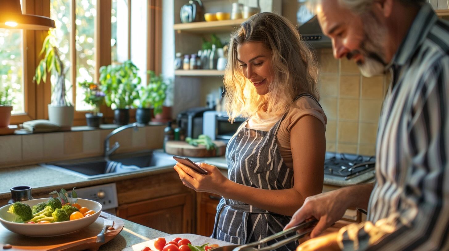 En la intimidad de su cocina, un hombre y una mujer de mediana edad comparten risas y cariño mientras cocinan juntos. Este momento refleja no solo su amor y dedicación mutua, sino también la profundidad de su relación a través de los años. La escena ilustra la belleza de la vida compartida y el enriquecimiento de los vínculos afectivos mediante actividades comunes. (Imagen ilustrativa Infobae)