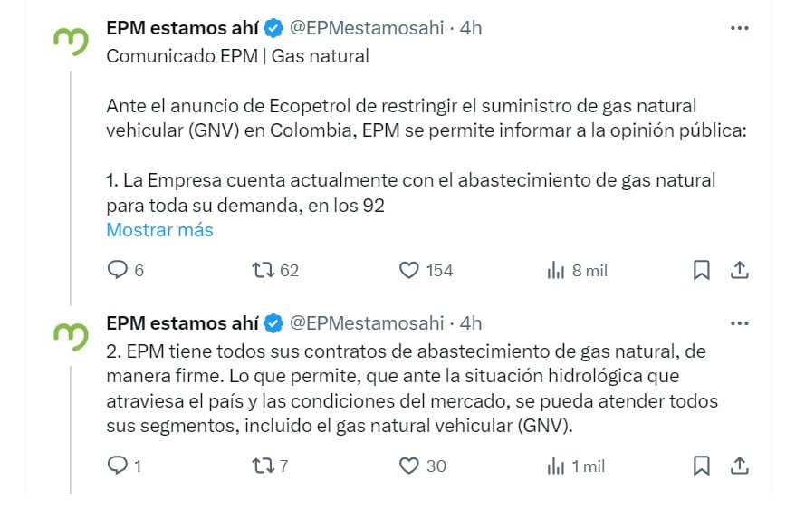 EPM dio a conocer cómo está el suministro de gas natural vehicular - crédito @EPMestamosahi/X