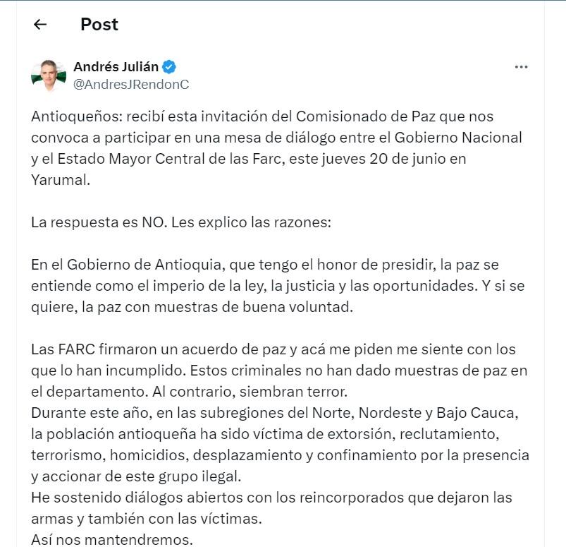 Andrés Julián Rendón explica porque rechazó invitación a mesa de dialogos con el EMC - crédito @AndresJRendonC