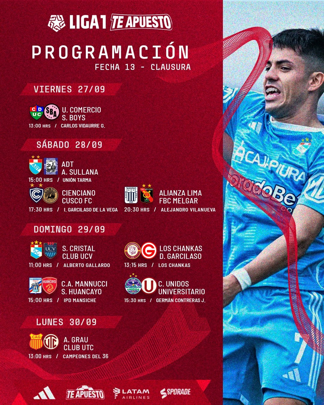 Programación de la fecha 13 del Torneo Clausura de Liga 1 Perú 2024: partidos, horarios y canales TV.