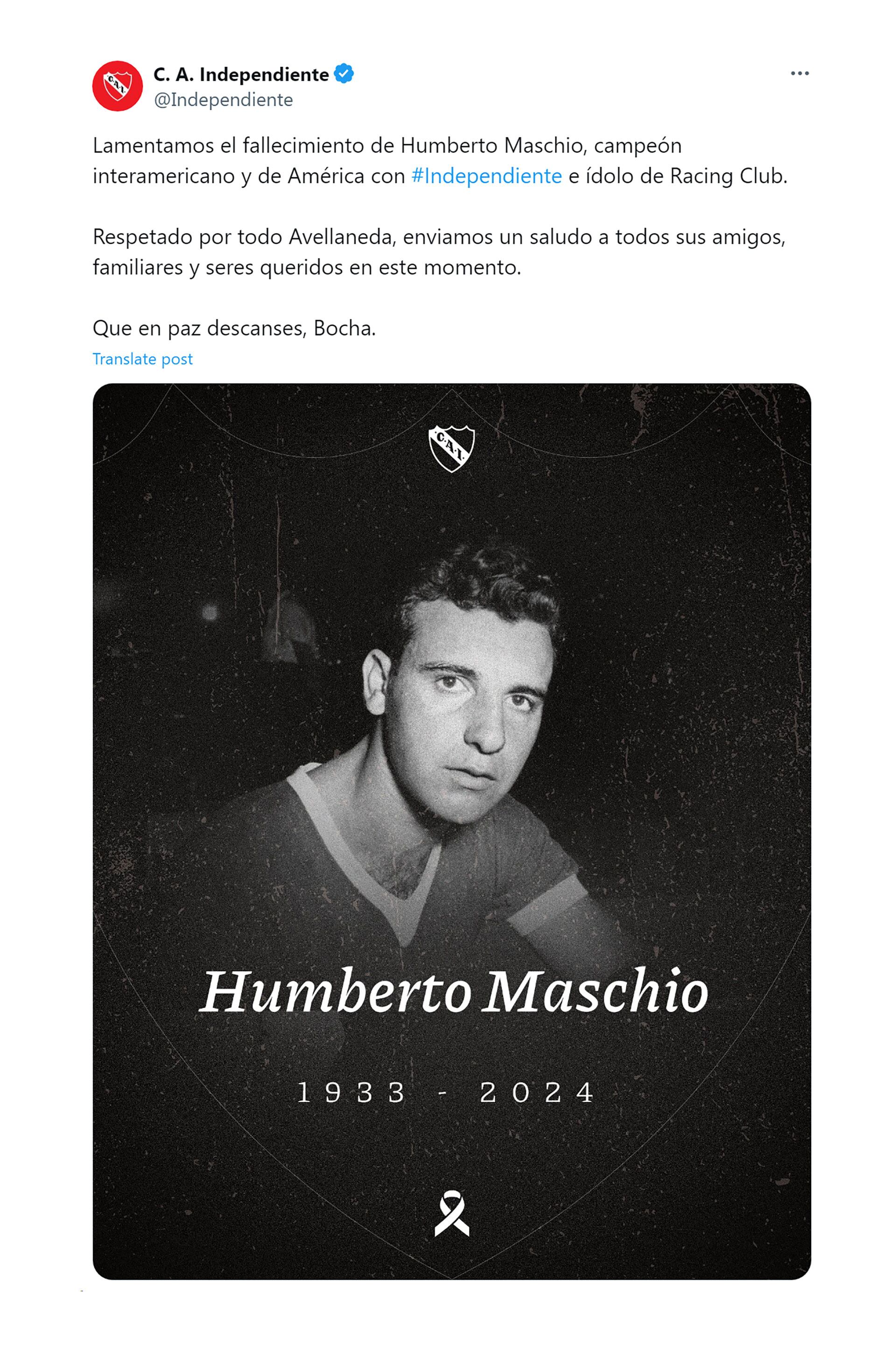 El mensaje de Independiente por la muerte del Bocha Maschio