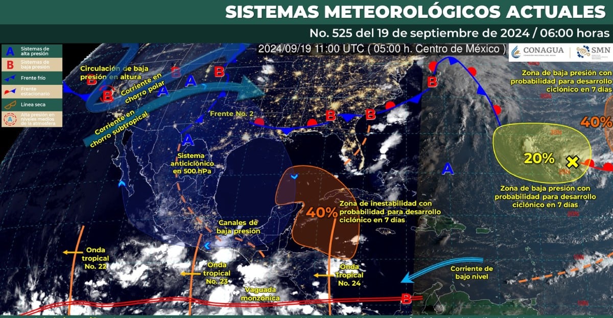 Mapa de los sistemas meteorológicos que influirán en el clima de México este jueves 19 de septiembre