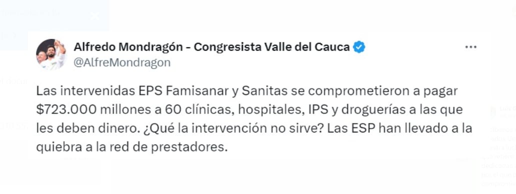 Alfredo Mondragón destacó el éxito de las intervenciones de la Superintendencia de Salud, que resultaron en un acuerdo financiero significativo para saldar deudas acumuladas por las EPS Sanitas y Famisanar - crédito @AlfreMondragon/X