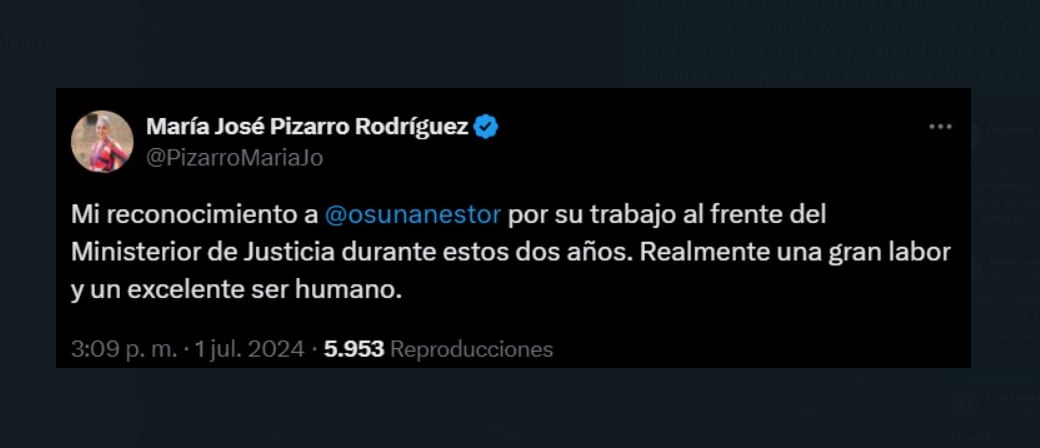 La senadora María José Pizarro reconoció la labor de Osuna al frente del Ministerio de Justicia durante dos años - crédito @PizarroMariaJo / X