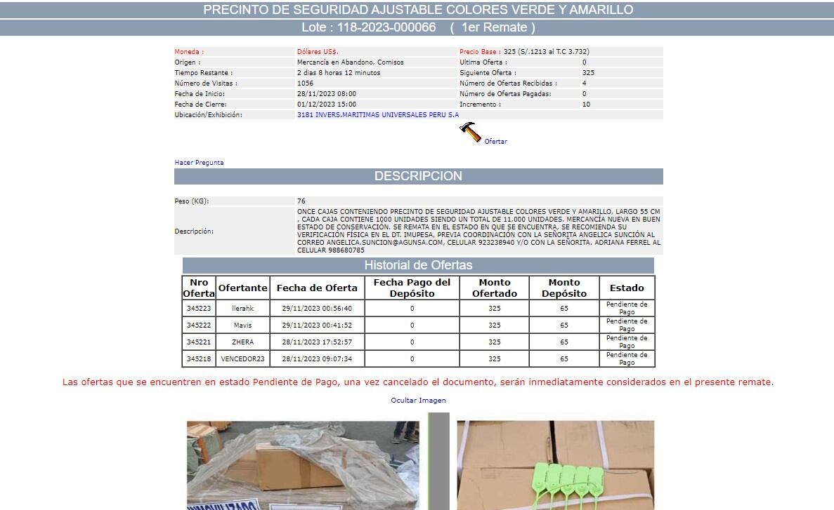 Captura de Sunat con subasta de producto en remate de aduanas