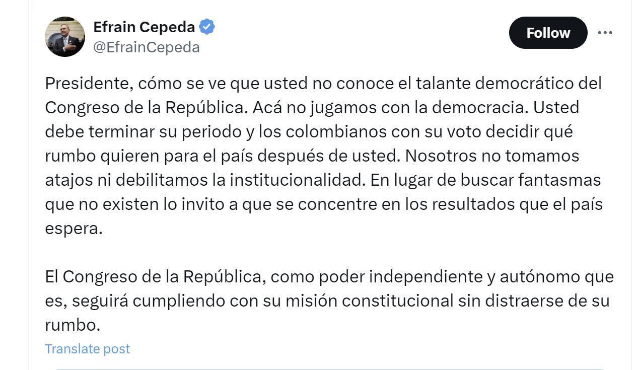 El presidente del Senado, Efraín Cepeda, aseguró que el presidente Gusatavo Petro debe terminar su periodo presidencial - crédito @EfrainCepeda/X