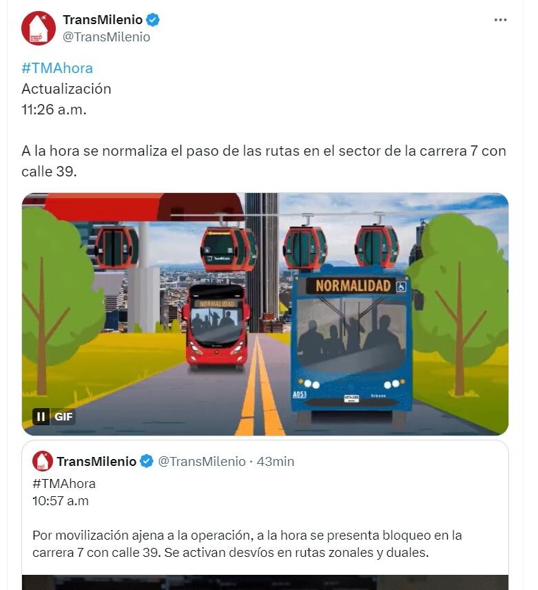 Manifestantes se dispersaron y ya se retomó el paso vehicular - crédito @TransMilenio/X