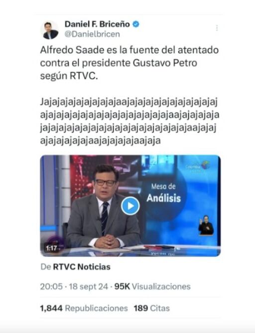 Daniel Briceño y sus burlas a Rtvc por denuncias de Alfredo Saade