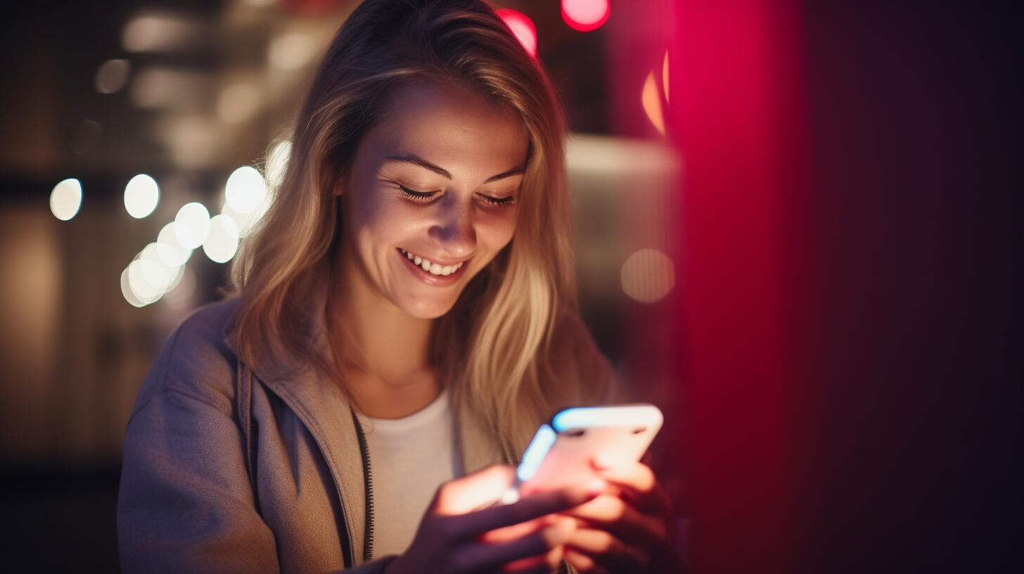 Imagen de una mujer feliz mirando su celular con expresión enamorada. Representa la conexión digital y las emociones en las relaciones modernas. (Imagen ilustrativa Infobae)