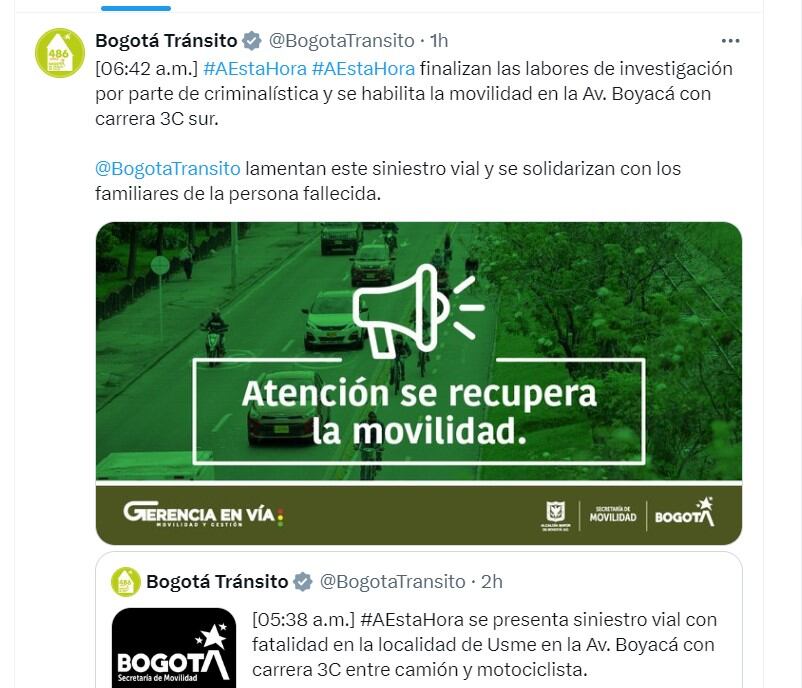 Bogotá Tránsito informó de la investigación de las autoridades por accidente en Usme - crédito @BogotaTransito