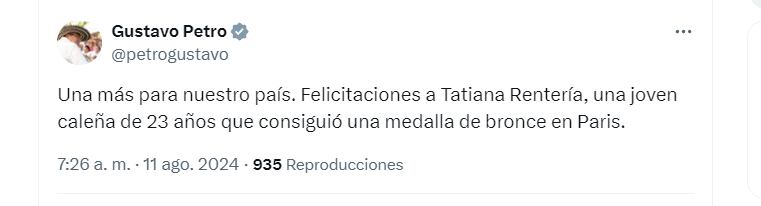 Gustavo Petro felicita a Tatiana Rentería por su medalla de bronce - crédito @petrogustavo/X