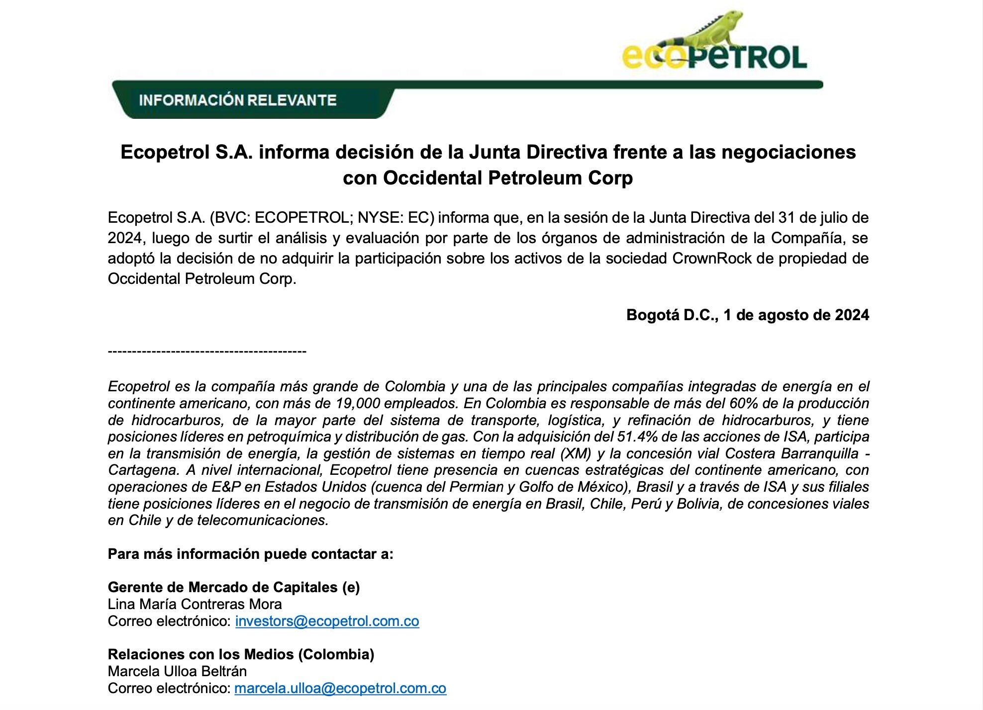 Ecopetrol informó su decisión de no participar de CrownRock en un escueto comunicado - crédito Ecopetrol