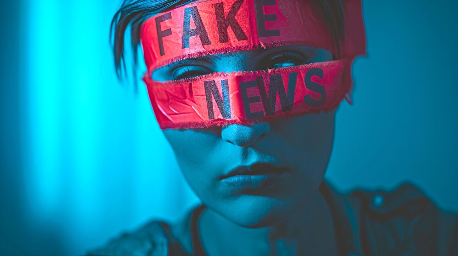 Una mujer adulta tapada por una venda roja que dice "fake news" (Imagen Ilustrativa Infobae)