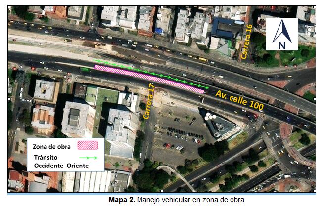 Los usuarios que circulen por la avenida calle 100 en sentido occidente – oriente, continuarán circulando por los dos carriles que quedarán habilitados en la calzada central y por los tres carriles disponibles en la calzada paralela de la avenida calle 100 - crédito Secretaría de Movilidad