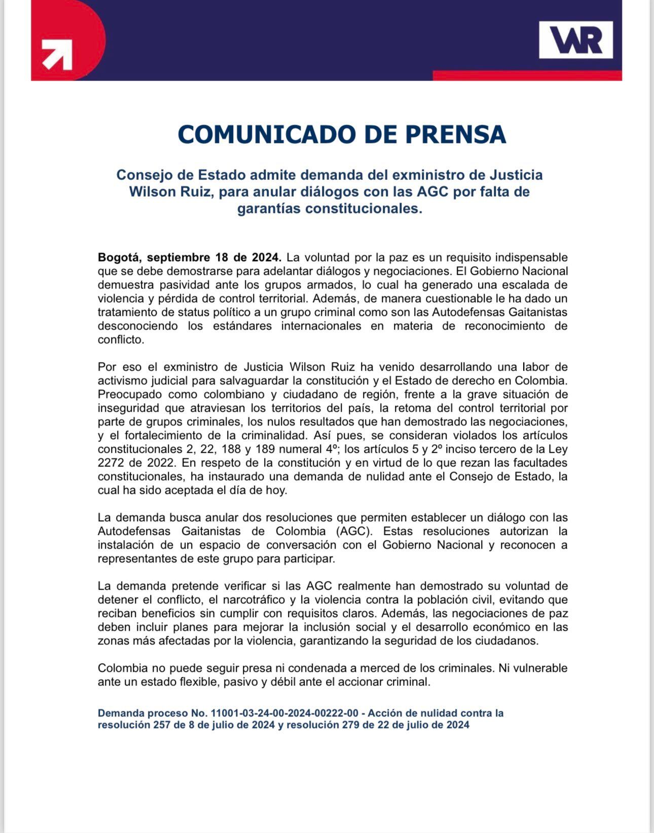 Wilson Ruiz cuestiona la legalidad y efectividad del proceso de paz del Gobierno con el Clan de Golfo - crédito @WilsonRuizO/X