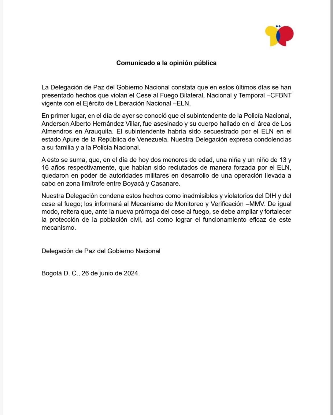 Comunicado de la delegación de paz del Gobierno con el grupo guerrillero del ELN - crédito @IvanCepedaCast / X