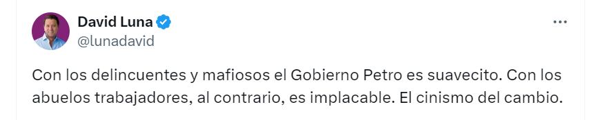 Senador David Luna cuestiona cierre de Doña Segunda en Bogotá - crédito @lunadavid/X