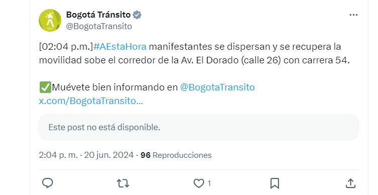 Las autoridades quedarán atentas a la situación en inmediaciones a la calle 26, dado que se pueden presentar más concentraciones a lo largo de la tarde - crédito @BogotaTransito/X