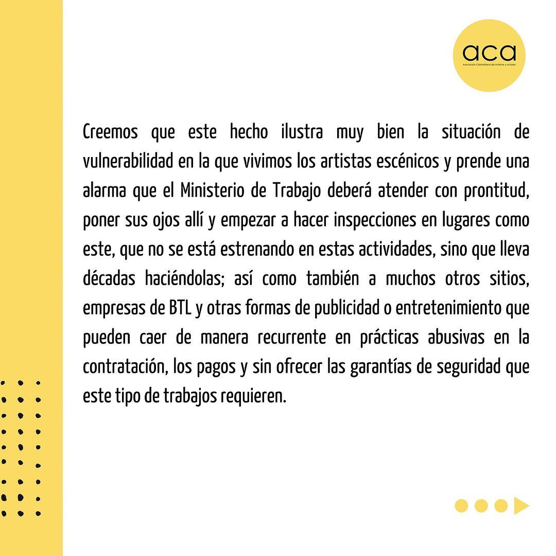 La Asociación Colombiana de Actrices y Actores emitió una advertencia tras el accidente de la bailarina Laura Daniela Villamil - crédito @actores_aca/Instagram