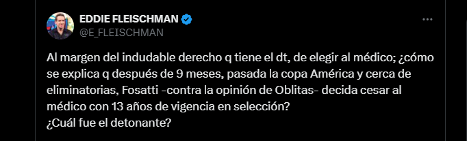 La publicación de Eddie Fleischman contra Jorge Fossati por incorporar al médico de Universitario a la selección peruana.