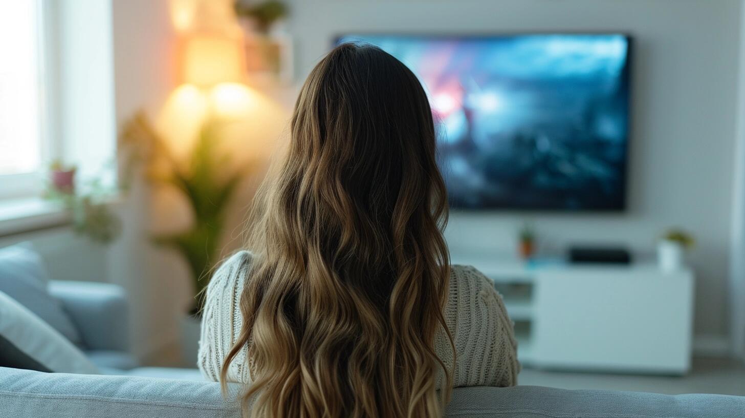 Mujer joven sentada en el living de su casa, mirando atentamente la televisión, conectada a una app de streaming. La habitación está iluminada suavemente, creando un ambiente acogedor para su maratón de cine y series. Ella navega por la programación de fin de semana, eligiendo su entretenimiento a través de internet. (Imagen ilustrativa Infobae)