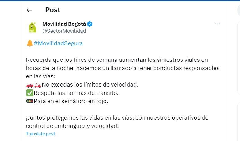 Movilidad Bogotá da recomendaciones para evitar siniestros viales - crédito @SectorMovilidad