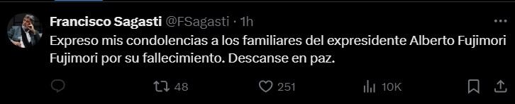 El expresidente Sagasti envió condolencias a la familia del fallecido Alberto Fujimori. (Fuente: X/ @ FSagasti)