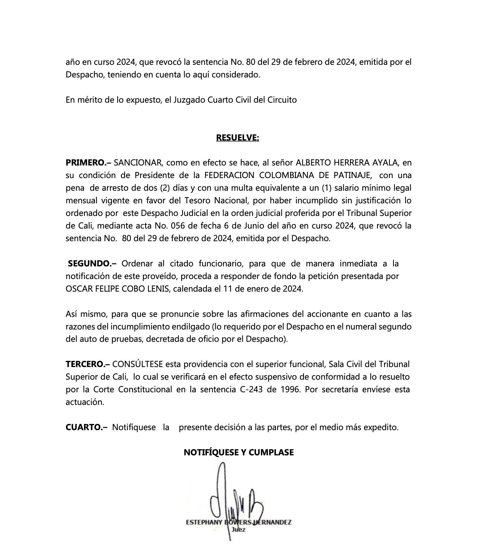 Este fue el documento que publicó el periodista dentro de su hilo, donde se detalla la resolución del Juzgado Cuarto Civil del Circuito de Cali para pedir el arresto del presidente de Fedepatin: Alberto Herrera Ayala - crédito @PinoCalad / X