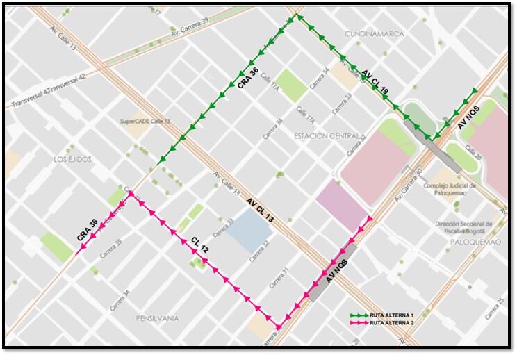 La Secretaría de Movilidad planteó como alternativas viales tomar las calles 19 o 12, ante el cierre de un carril en la Avenida NQS. (Crédito: Secretaría de Movilidad)