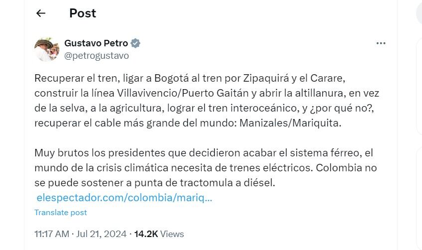 Gustavo Petro habla del sistema férreo en Colombia y de recuperar varias de sus rutas - crédito @petrogustavo