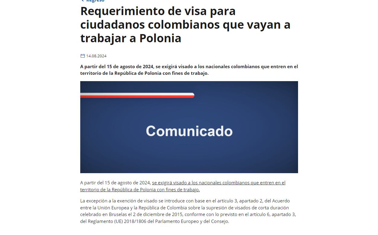 El gobierno polaco ante la situación que se vive por la inseguridad publicó un comunicado manifestando la regulación de visas para colombianos para evitar falsas expectativas y estafas - crédito gov.pl