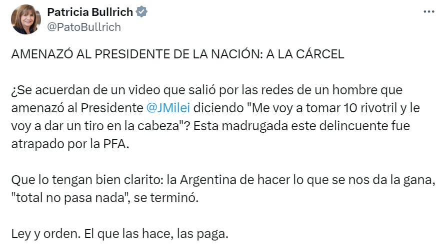 Posteo en X de Patricia Bullrich sobre el detenido por amenazar a Milei