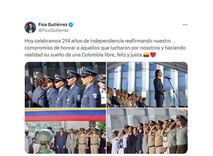 Trino de Federico Gutiérrez en apoyo de la Fuerza Pública durante la conmemoración del día de la Independencia. (Crédito: @FicoGutierrez / X)