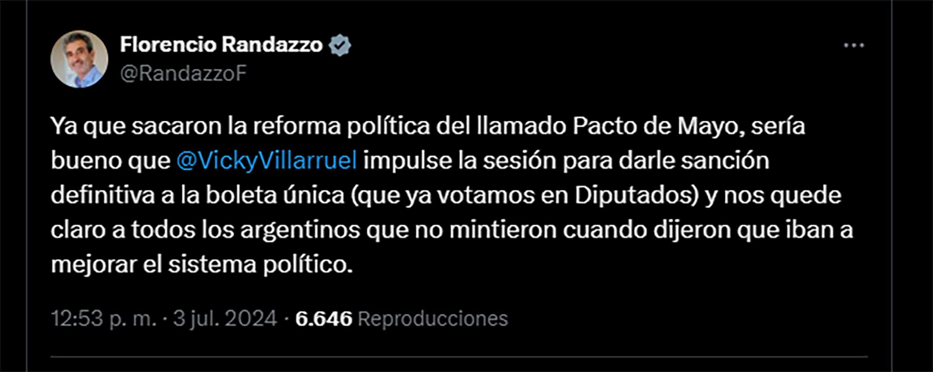 Tuit de Randazzo boleta única