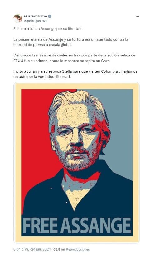 Gustavo Petro celebró libertad de Julian Assange