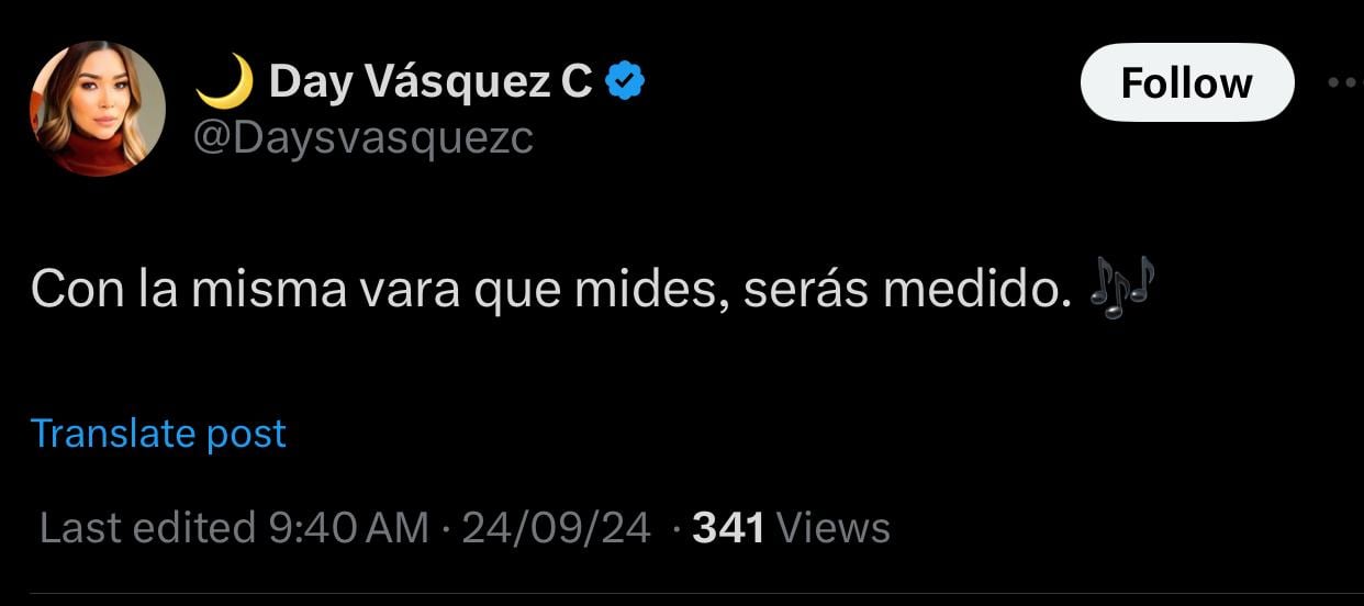 Day Vásquez declaró "con la misma vara que mides, serás medido, después de la decisión de la jueza - crédito Day Vásquez/X