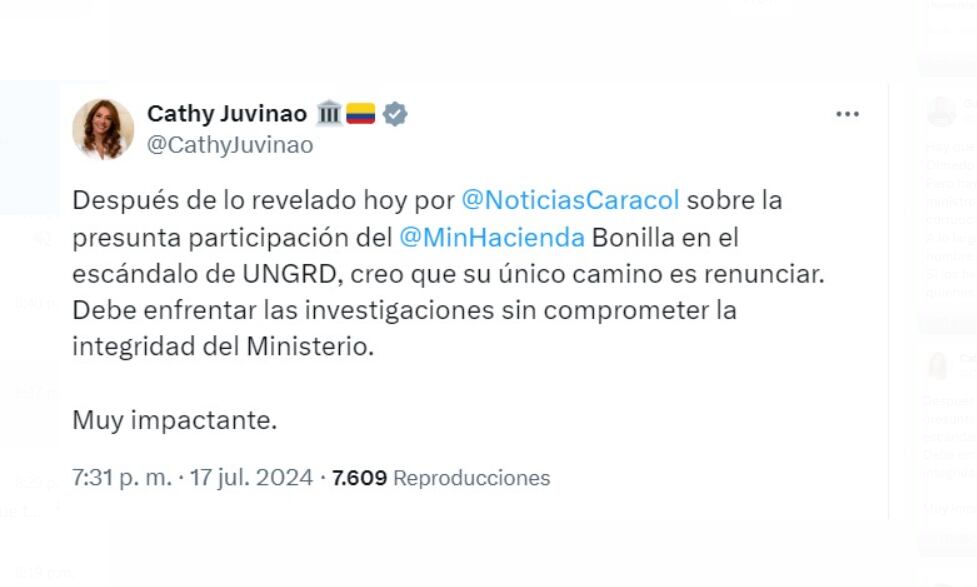 Catherine Juviano se unió a las demandas de renuncia del ministro Bonilla - crédito @CathyJuviano / X