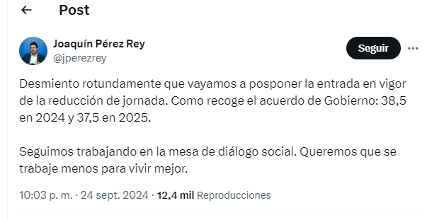 Mensaje en X (antes Twitter) del secretario de Estado de Trabajo, Joaquín Pérez Rey.