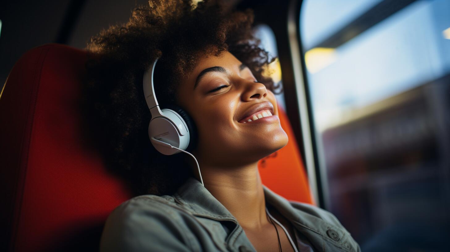 Mujer en transporte público, escuchando música con auriculares y disfrutando del viaje. Su expresión refleja serenidad y placer en medio del ajetreo urbano. (Imagen ilustrativa Infobae)